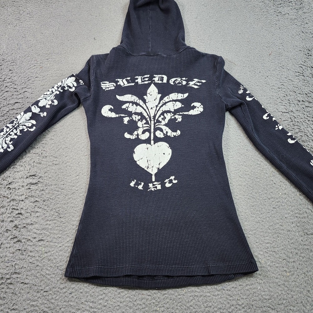 Y2K Sledge Shirt Womens Small Blue Hooded Thermal 1/2 Zip Long Sleeve Graphic - Picture 7 of 9